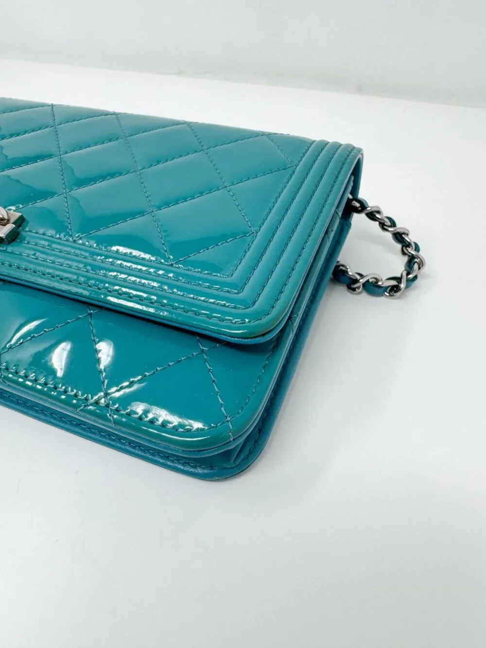 Chanel Turquoise Quilted Patent Leather Wallet on Chain